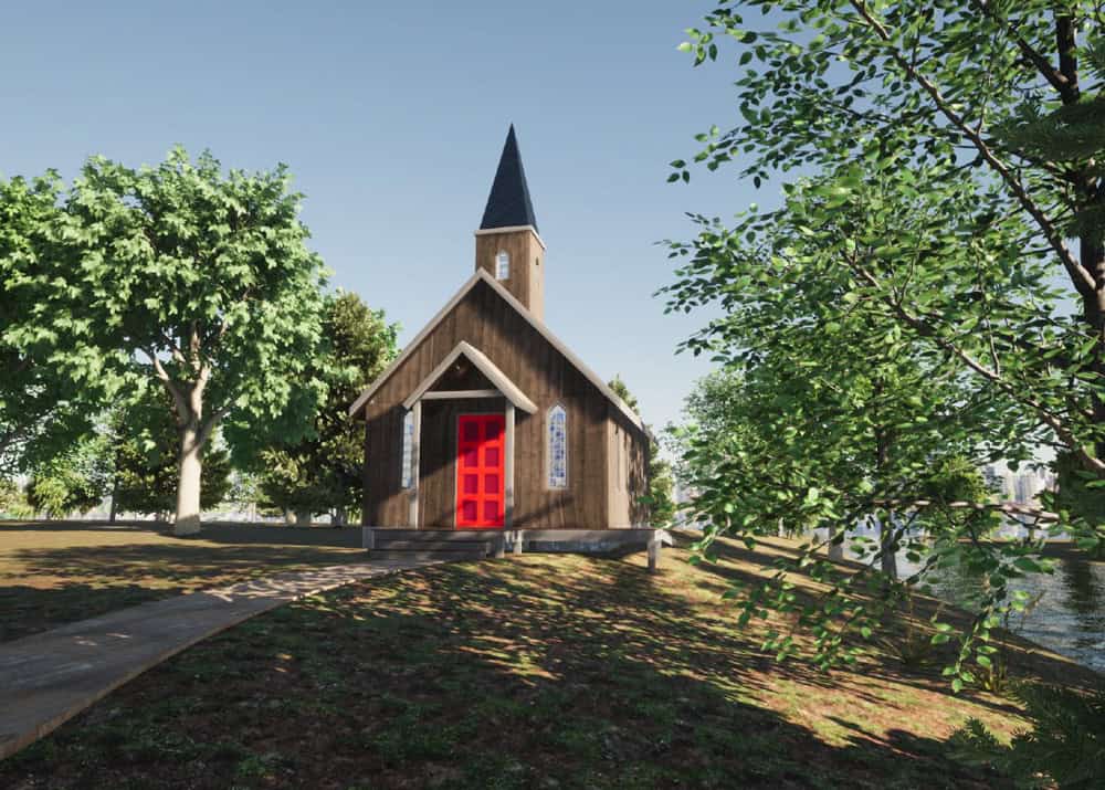 Bearsville Center chapel, view from creek